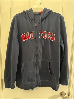 Nautica Navy Zip-Up Men’s Hoodie with Red Lettering.